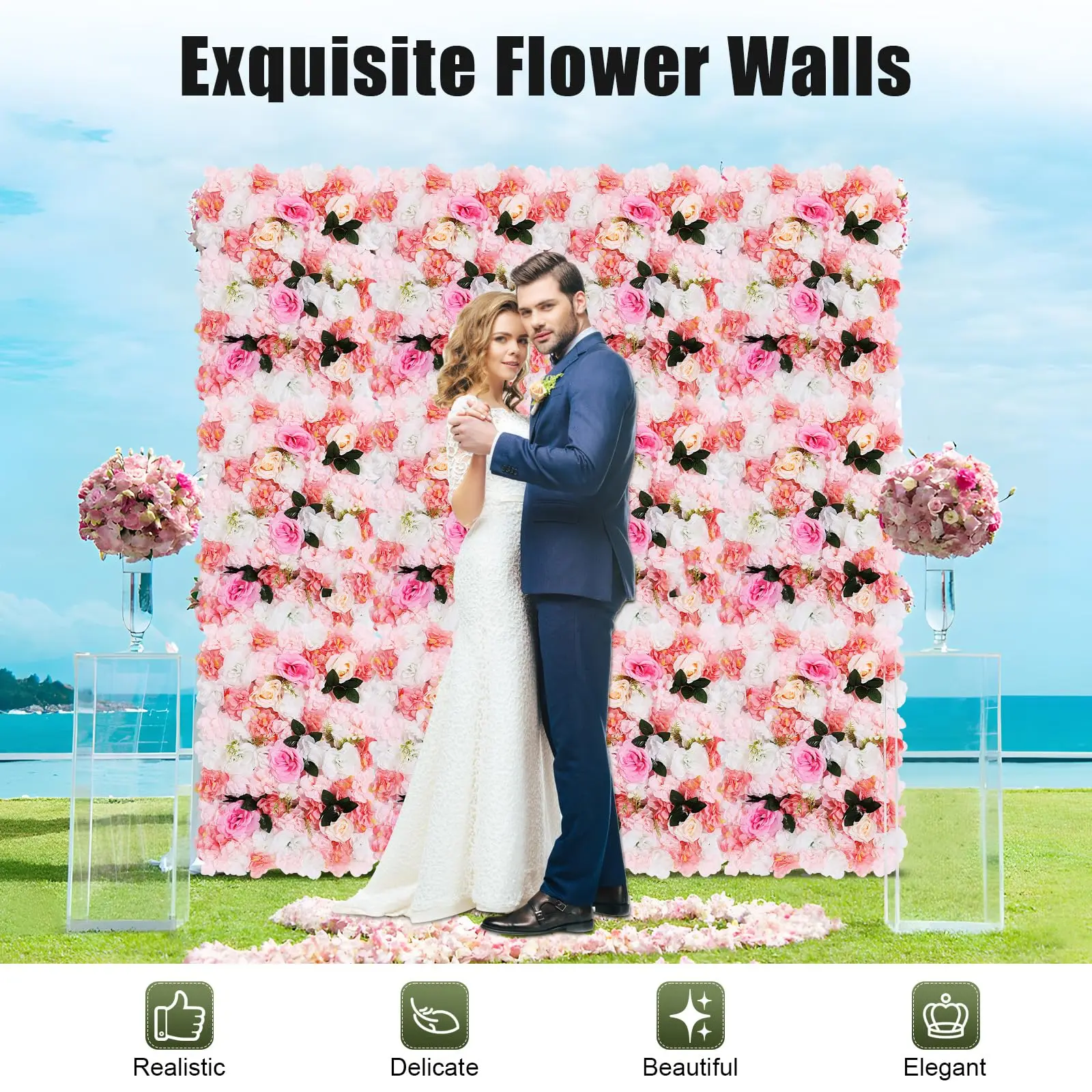 Loyalheartdy Paquete de 12 paneles de pared de flores artificiales, 24 "X 16", paneles de fondo de flores artificiales de rosas sintéticas blancas y rosas para Weddi