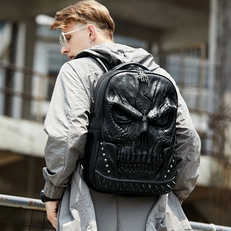

3D Stereoscopic Skull Backpack for Men Gothic Punk Spiked Rivet Backpacks Large Capacity Travel Laptop Bag