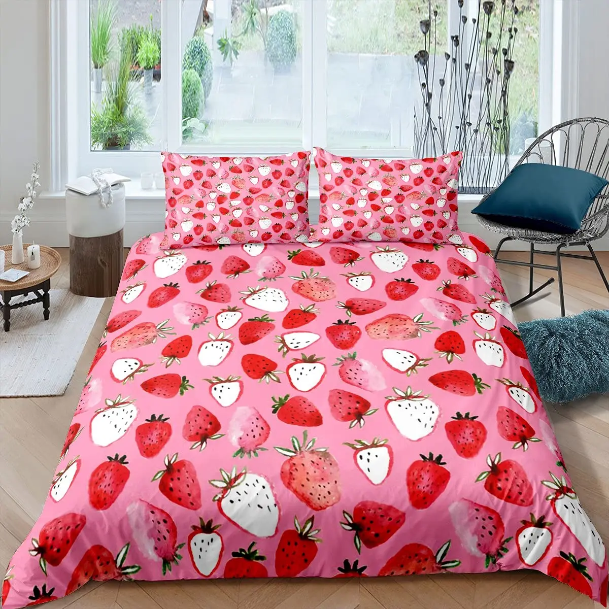 Sweet Strawberry Bedding Set Duvet Cover for Kids Children Teens Comforter Cover Bed Room Decor Pink Quilt Cover 3Pcs Full Size