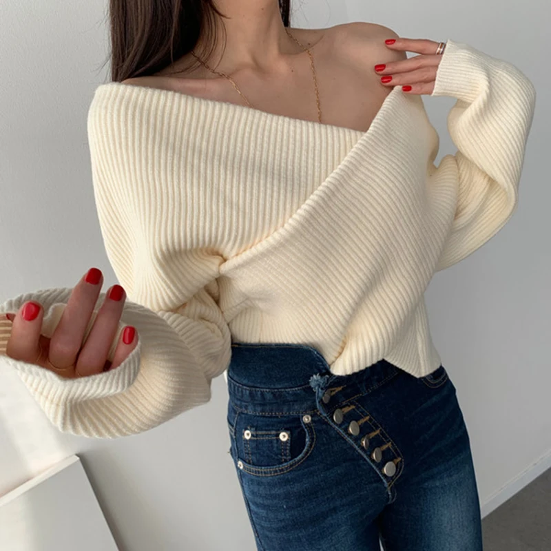 Korea Chic Autumn Winter Feminine Pullovers Skin-revealing Slash Collar Tops Shoulder Strapless Loose Long-sleev Knitted Sweater