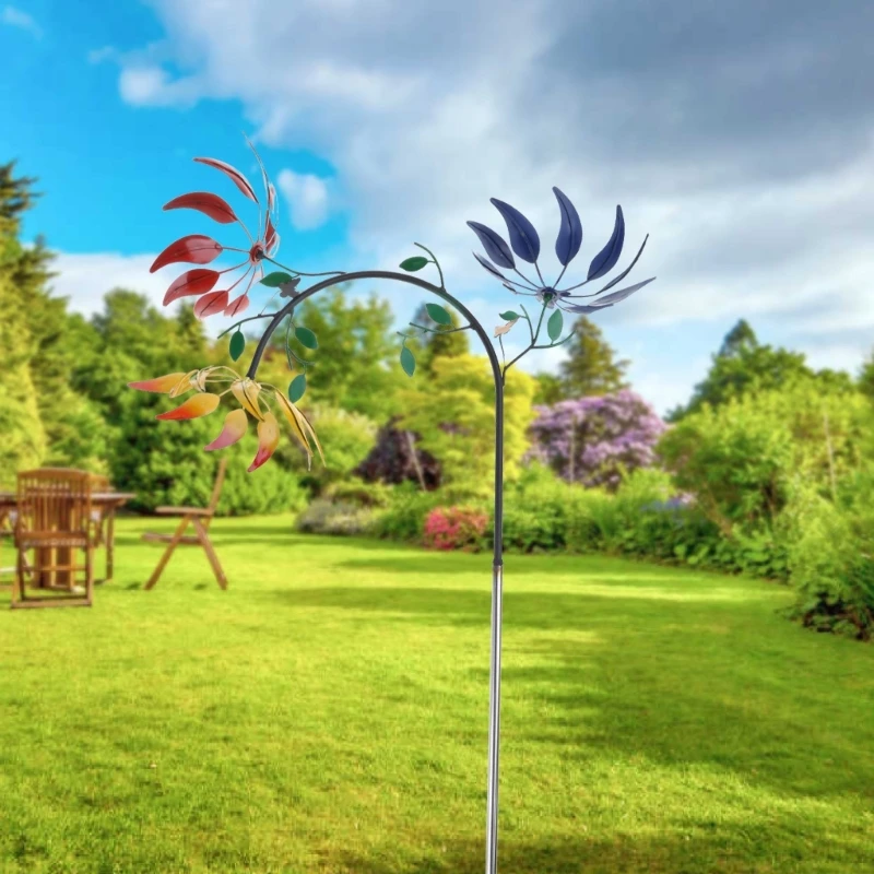 

Large Metal Wind Spinner with Three Spinning Flowers Butterflies Windmill Wind Sculpture for Outdoor Garden Art Decor