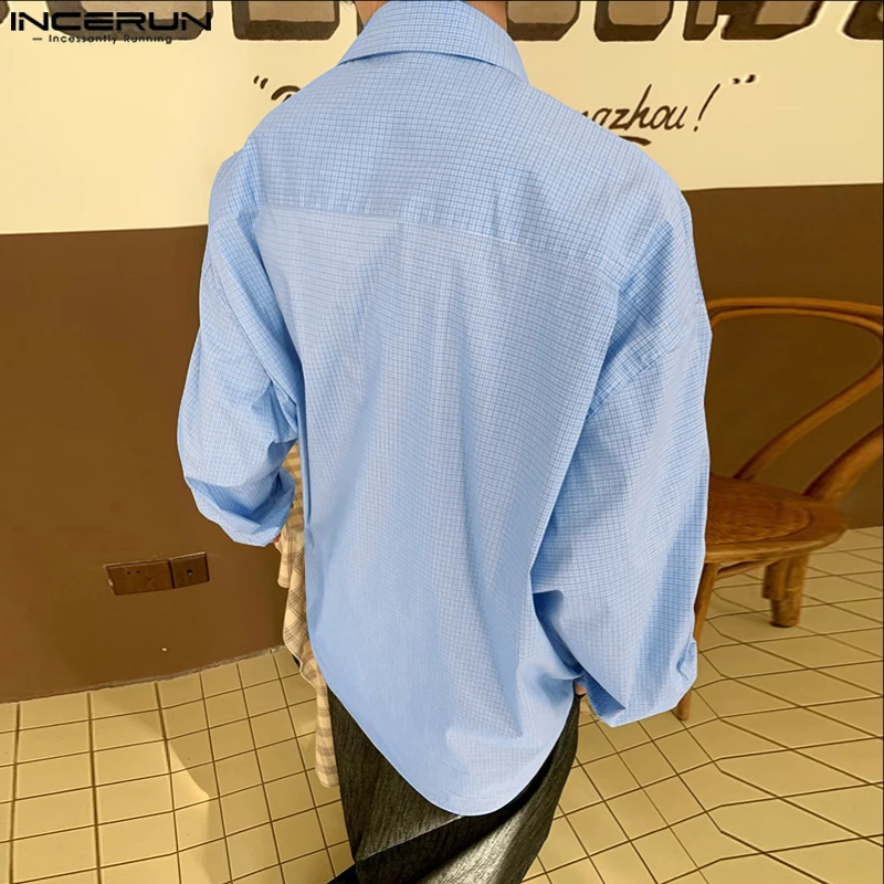 INCERUN Männer Hemd Plaid Patchwork Revers Lange Hülse Lose Beiläufige Männer Kleidung Streetwear Koreanischen Stil 2025, Mode Männlichen Shirts