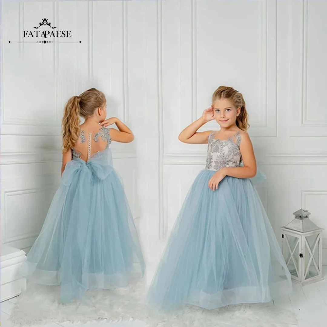 Fatapaese Blue Bruidsmeisje Jurk Voor Meisjes Kids 9Yeasrs Crystal Appqulies Illusion Backless Baljurk Wedding Party Bloem Meisje