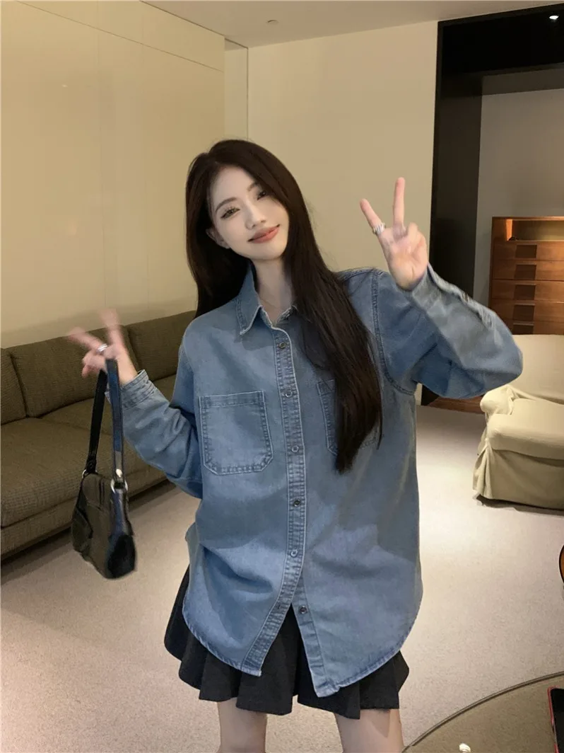 

Винтажная джинсовая рубашка свободного кроя с воротником, женская, осенняя, в корейском стиле, универсальная, дышащая, с длинными рукавами