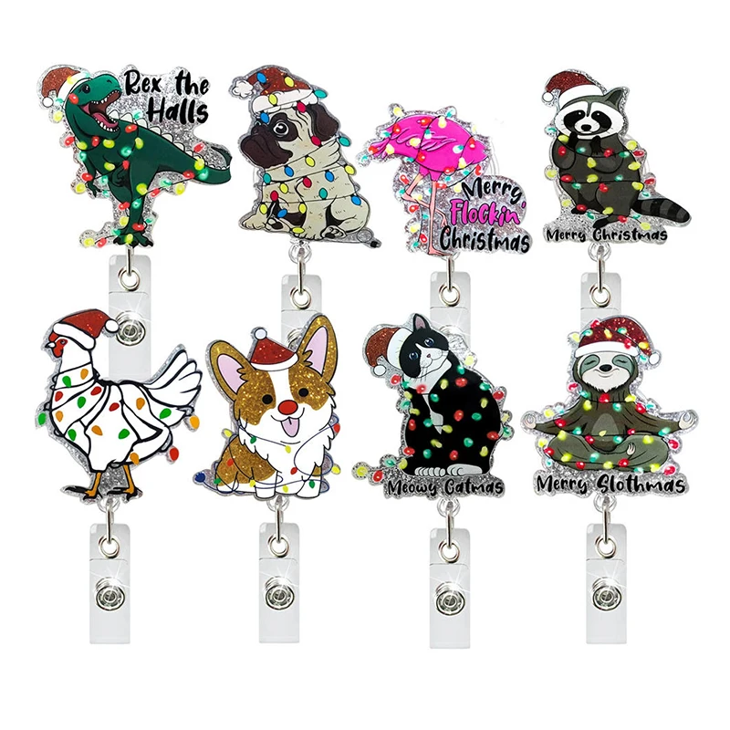 New Design Glitter Acrylic Christmas Badge Reel Retractable ID Badge Holder With 360 Rotating Alligator Clip Name Holder