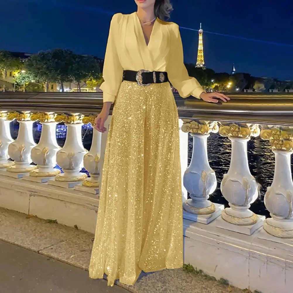 Lady Jumpsuit Elegant Sequin V Neck Jumpsuit with Belt for Women Wide Leg Slim Waist Long Sleeves for Formal Occasions Proms