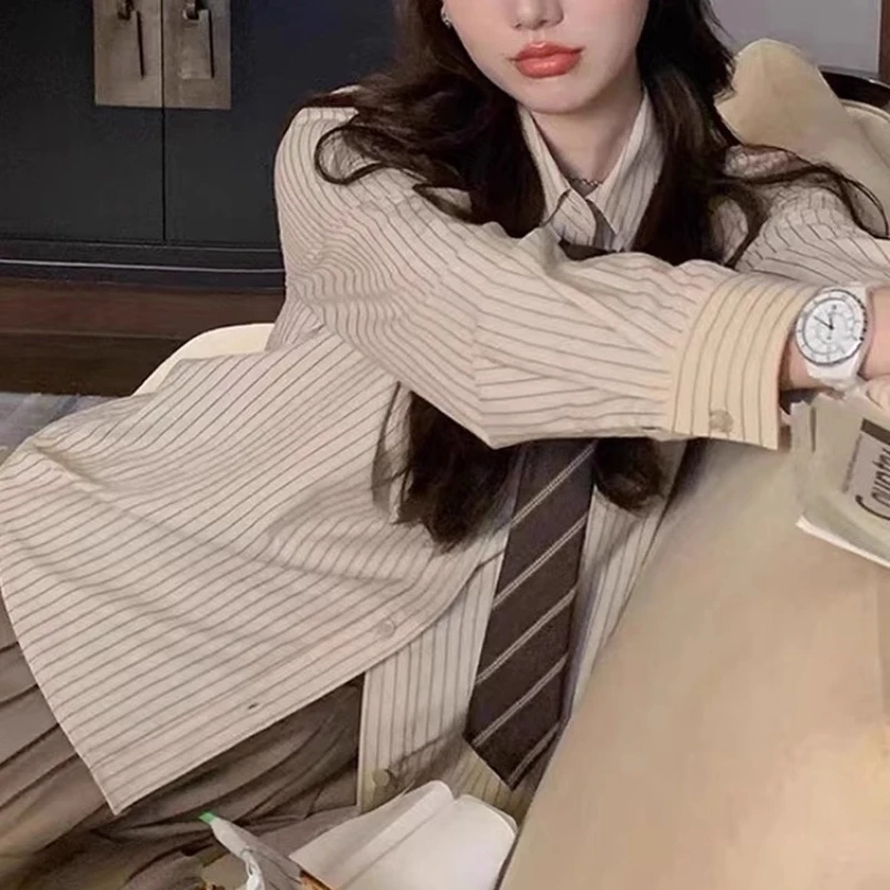 

Ранняя осень, новый стиль, корейская версия, женская рубашка, простая рубашка в полоску с длинными рукавами, весенний винтажный открытый кардиган TT201