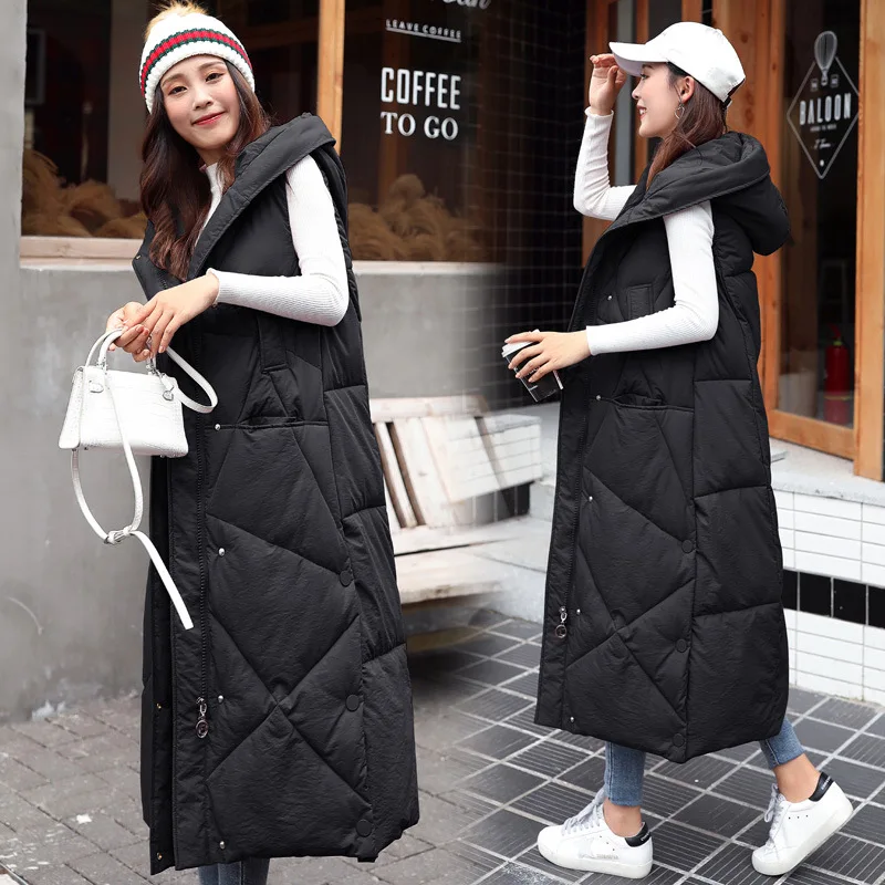 

2024 New Fashion Winter Sleeveless Parkas Women Casual Thicken Down Cotton Waistcoat Female Outwear X-Long Hooded Vests Jacket