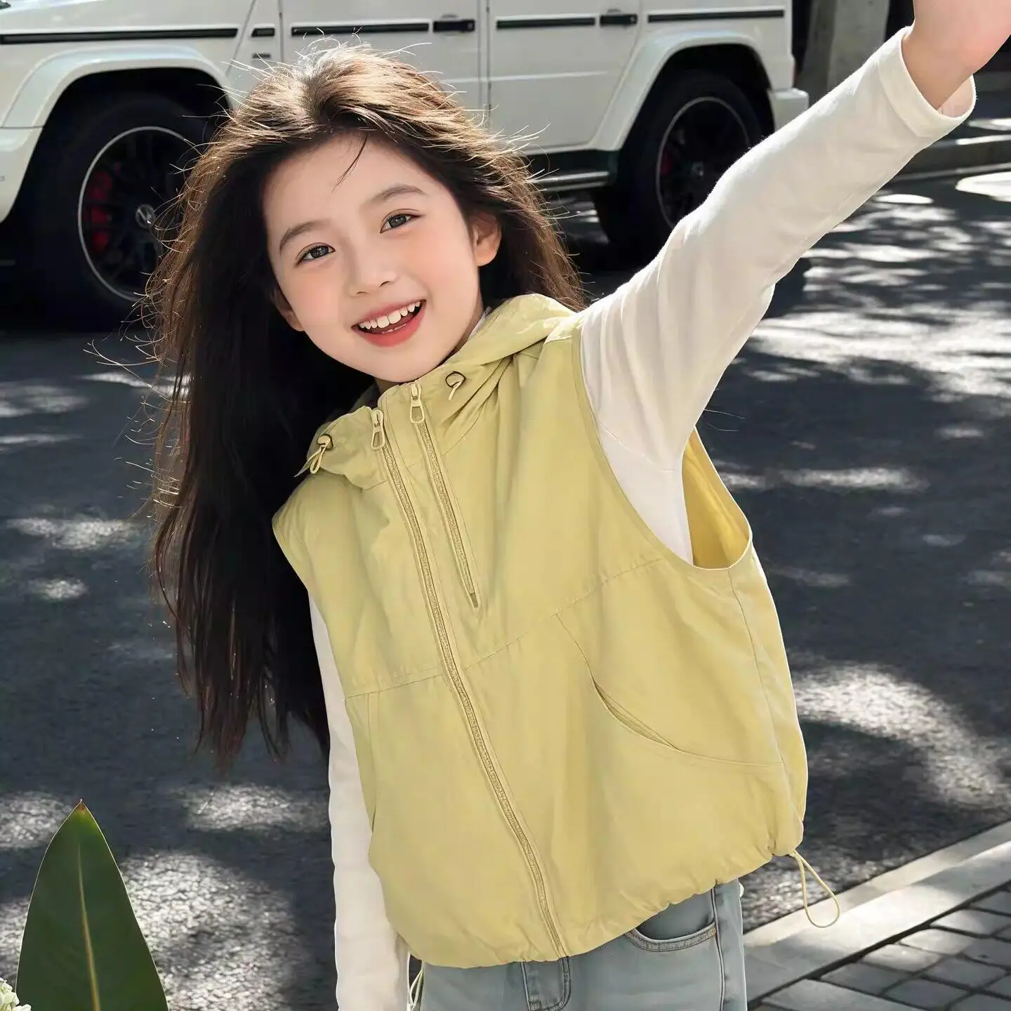 Girls Fashion Sports Hooded Vest Spring Autumn Medium Large Sleeveless Zip Cardigan Layering Casual Slim Top Boys