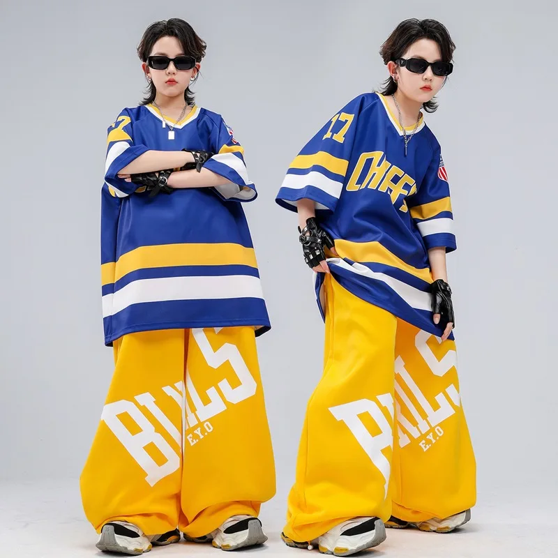 Fashion Boys Hip Hop Jazz Dance Costumes Contrast Top Baggy Pants Streetwear Clothes Sets Group Stage Performance Concert Wear