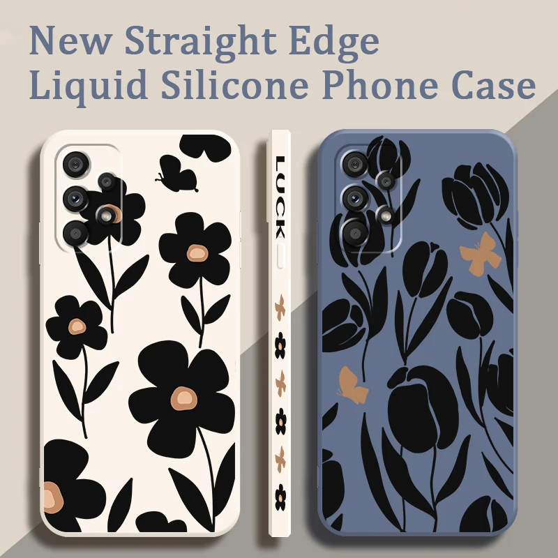 

Charm Printing Flowers Liquid Left Rope For Samsung A53 A52 A55 A32 A51 A71 A21S A13 A73 A55 A72 A23 A35 A05 5G Back Phone Case
