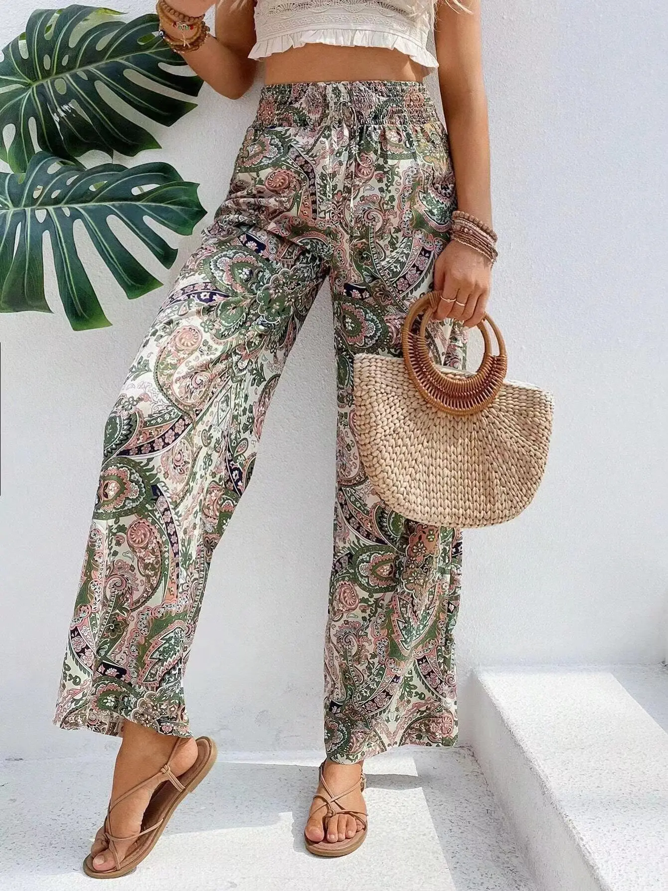 Mode Vintage Print Breite bein Hosen Frauen Casual High-taille Hosen 2024 Frühling Sommer Büro Dame Kleidung Streetwear – Detail 15