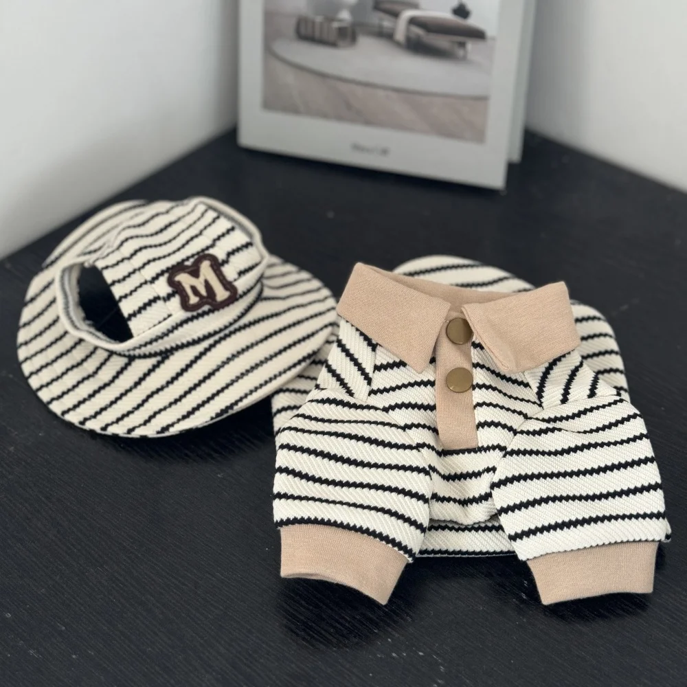 Striped Cotton Polo Shirt for Sphynx Cat Spring Khaki Sweatshirt for Kittens Cute Coat Hat Suit for Hairless Cat in Autumn