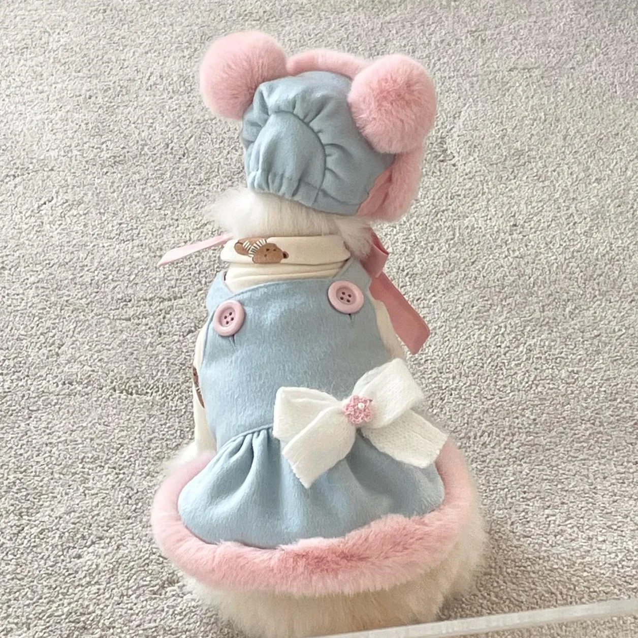 Instagram New Dog Dress Winter Blue Wool Pink Rabbit Fur Hem Bear Ears Halter Dress Dog Skirt Dog Hat Outfit Give Hair Clips