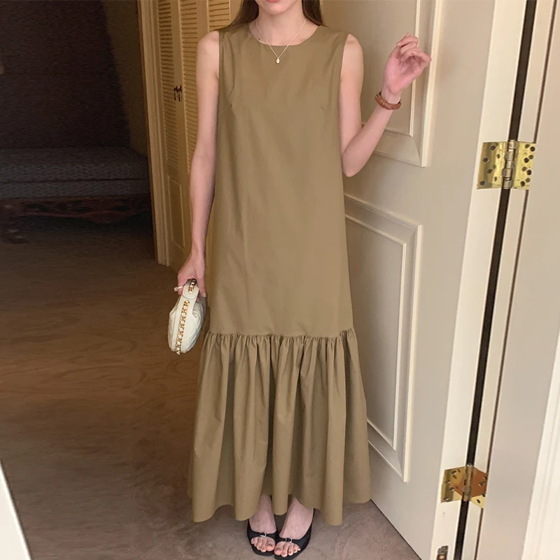 فستان صيفي أنيق بأسلوب كلاسيكي فضفاض برقبة مستديرة وبدون أكمام مع تطريز دانتيل، فستان طويل فضفاض على الطراز الكوري للنساء