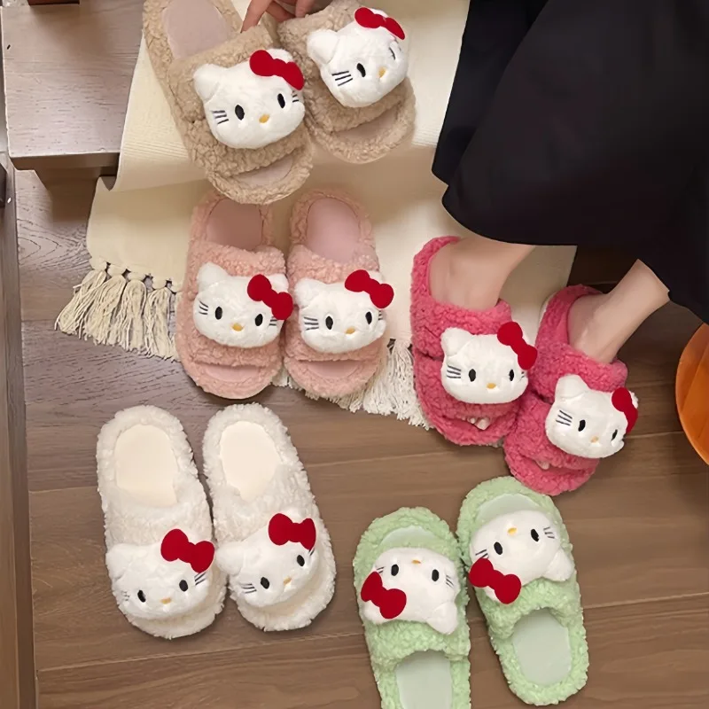 Kawaii Hello Kitty Anime Plush Slippers Cartoon Autumn Winter Women Home Indoor Cotton Flat Sandals Non-slip Spring Casual Shoes