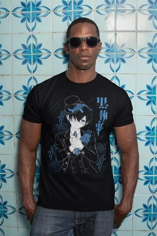 2026 summer Black Butler Single Sided T-shirt Ciel Phantomhive Blue Rose Gothic Print Oversized Cotton Tee For Dark Anime Fans - view 2