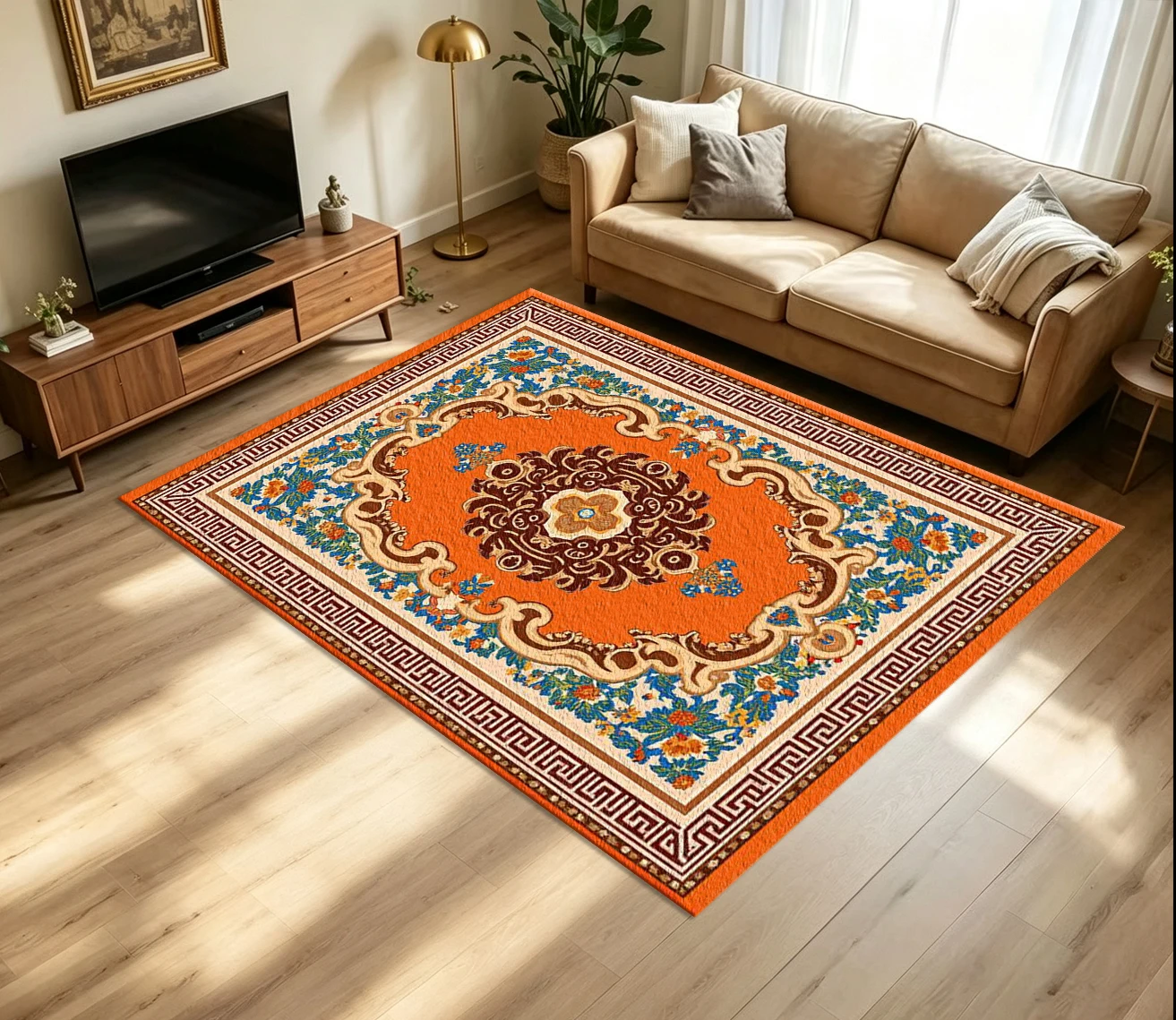 Luxury Orange Baroque Ornate Carpet Flooring European Classic Floral Border Printed Floor Rug for Household Living Room Decor