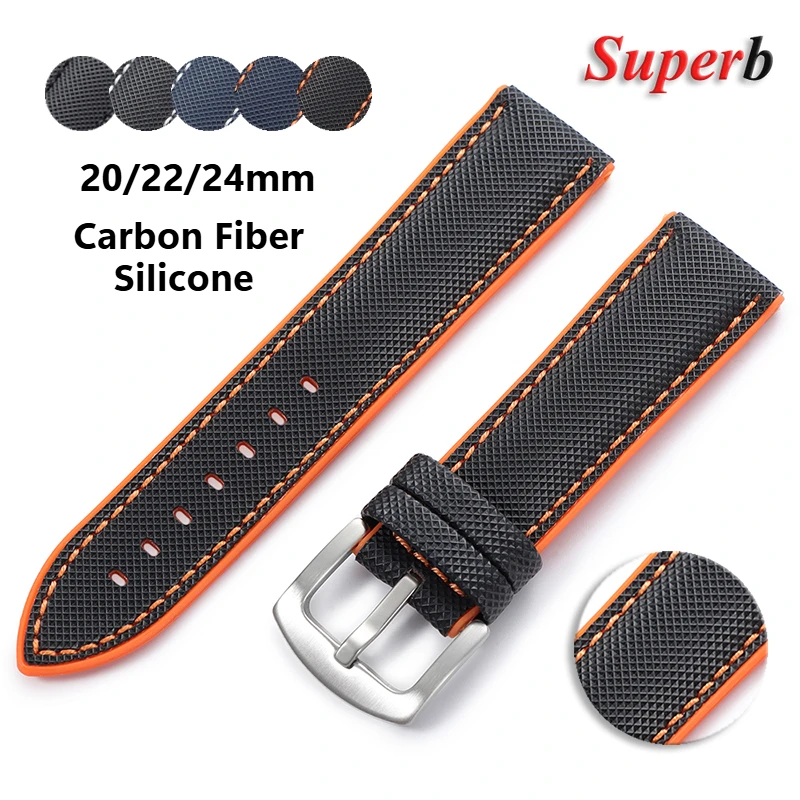 

Carbon Fiber Nylon Plaid Silicone Strap 20mm 22mm 24mm for Omega for IWC for Seiko for Citizen Men Waterproof Rubber Watchbands