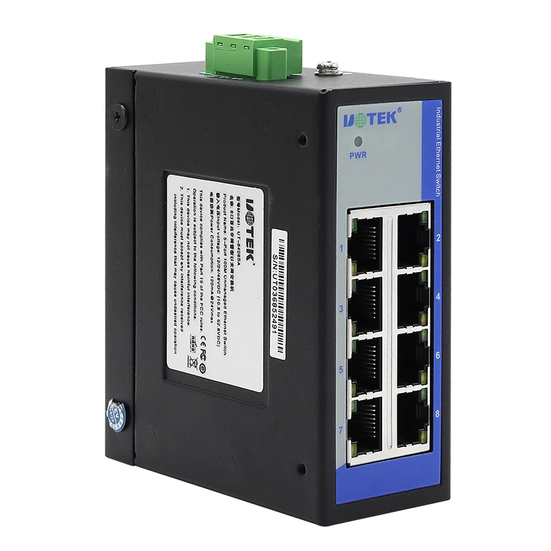 UOTEK 10/100M 8 Ports Unmanaged DIN-rail Ethernet Switch Single Power Supply DC12~48V UT-6408SA