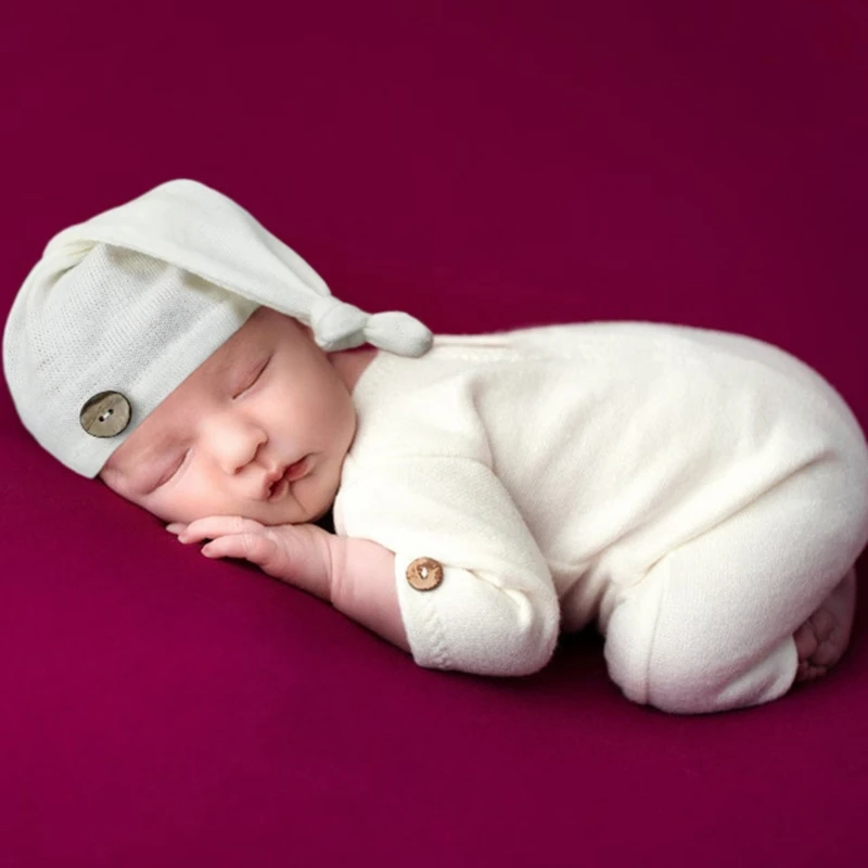 

2Pcs/Set Newborn Baby Romper Jumpsuit with Long Tail Hat Multi Solid Color Buttons Infant Overalls Photo Photography Prop Outfit