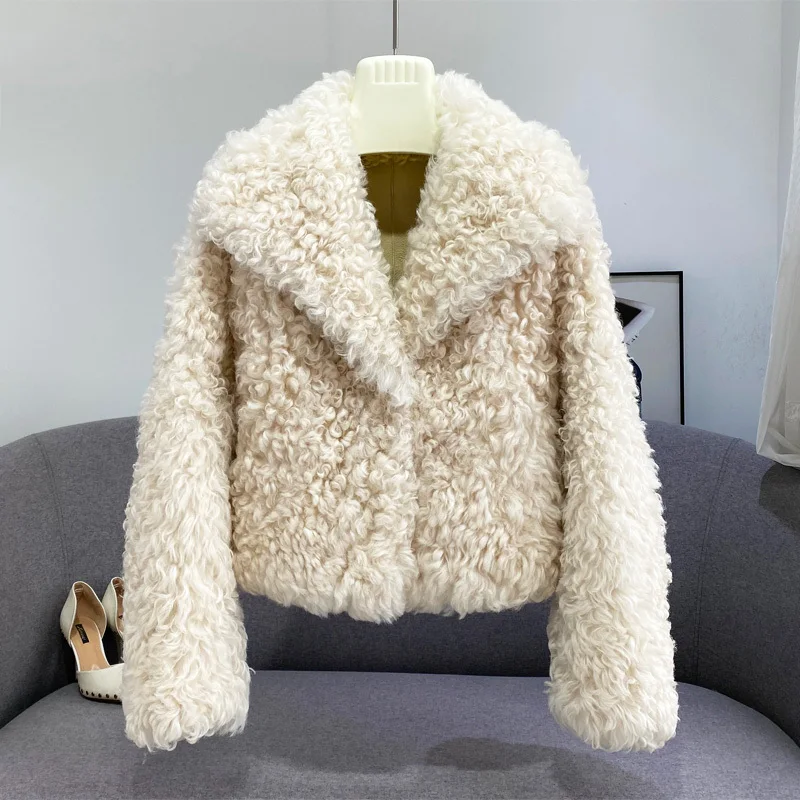 2024 Women Luxury Winter Coat Lamb Fur Women Shearling Jacket Real Wool Turn Down Collar Fashion Crop Coat