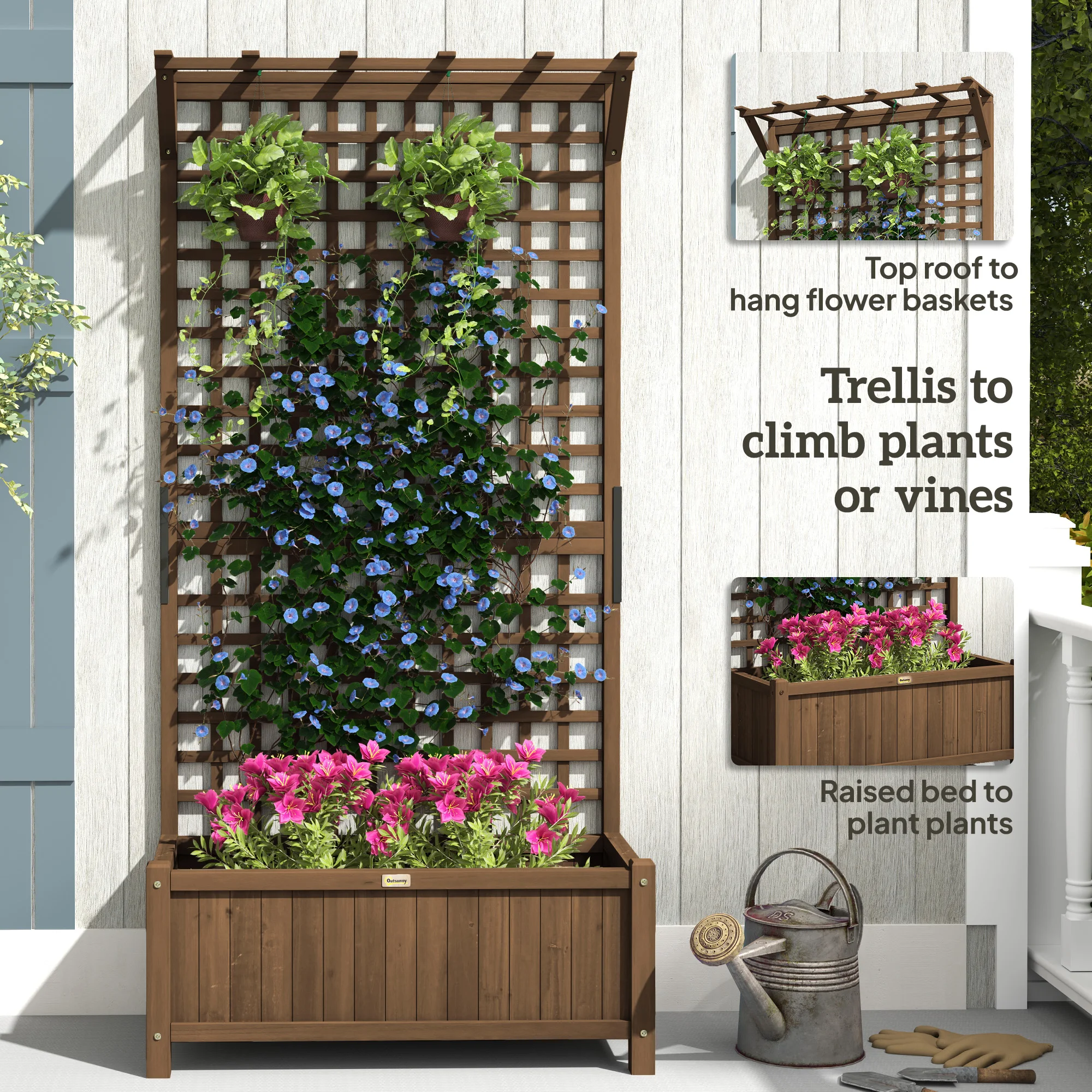 Wooden Trellis Planter with Drain Holes for Herbs Raised Bed for Garden Brown