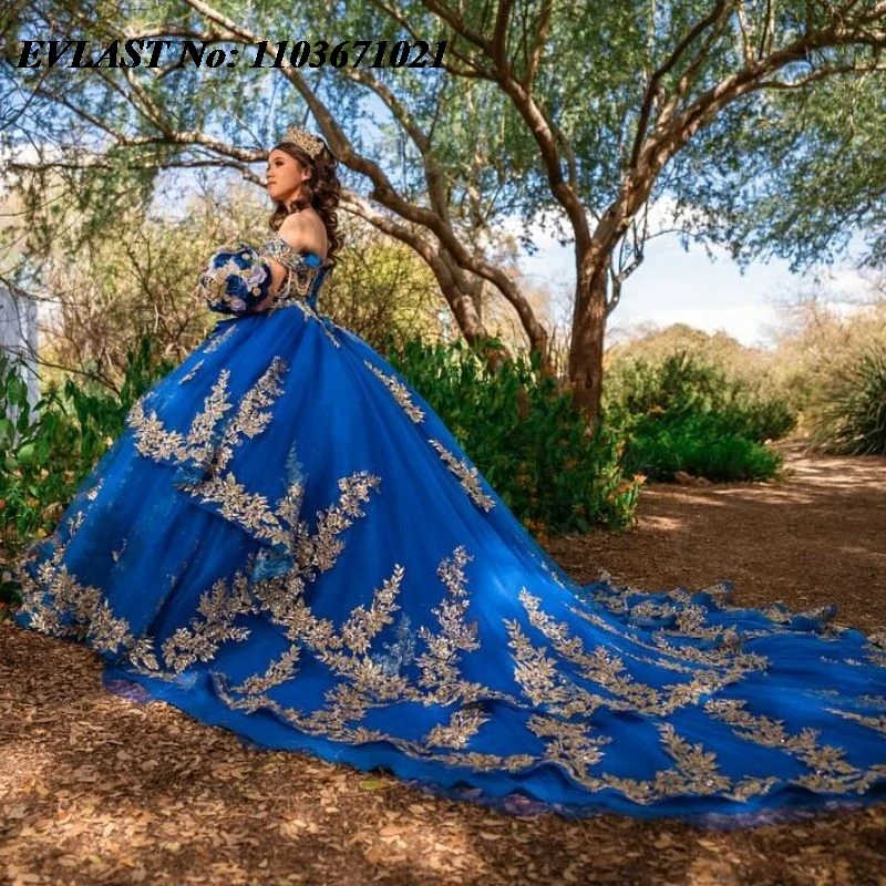 EVLAST-Robe de RhQuinceanera bleu royal personnalisée, appliques en dentelle dorée, perles à plusieurs niveaux, Sweet 16, robe éducative, 15 Anos, SQ94