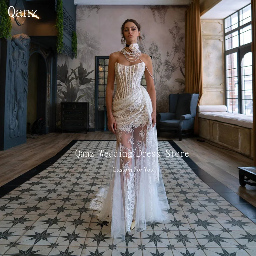 Qanz Boho koronkowe aplikacje suknia ślubna suknie wieczorowe o kroju syreny powrót Illusion odpinany pociąg Mini Vestido De Noiva dostosowane
