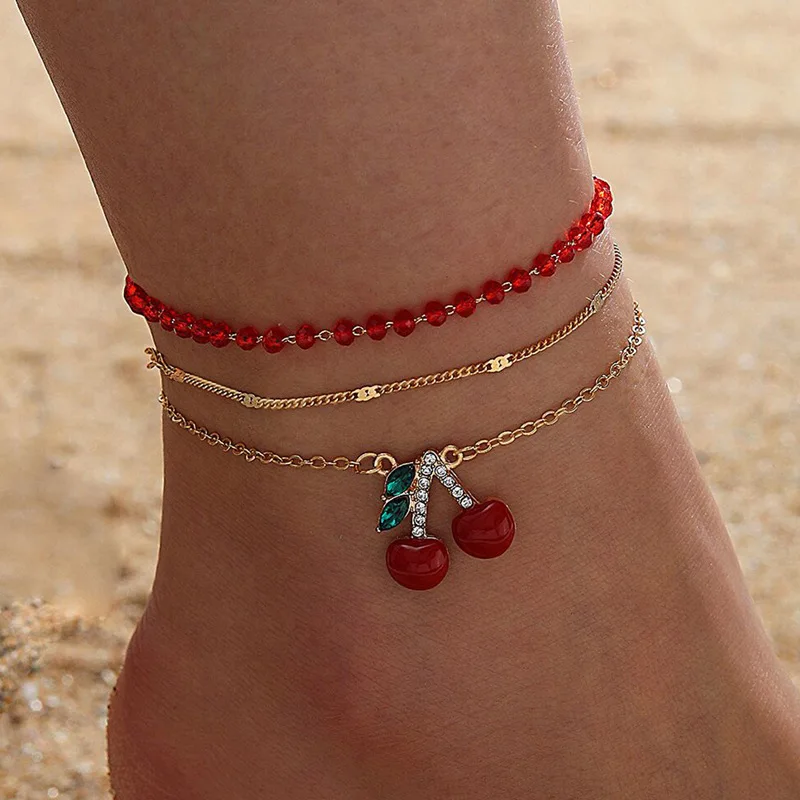 Red Bead Beaded Multi-layer Foot Ornament Diamond-encrusted Cherry Cherry Foot Chain Three-piece Set Jewelry High-grade Sense