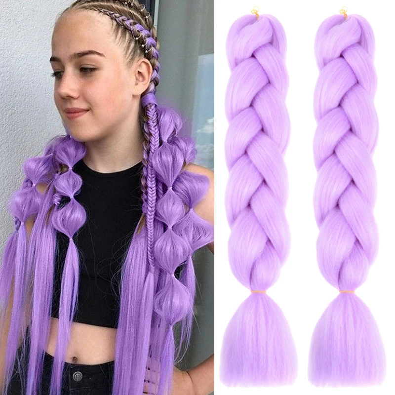 ผมถักสีม่วงอ่อนสังเคราะห์ ขนาด 24 นิ้ว แบบยืดสำเร็จรูป สำหรับถักเปียแบบกล่อง จัมโบ้ สำหรับผู้หญิง เด็กหญิง และเด็ก