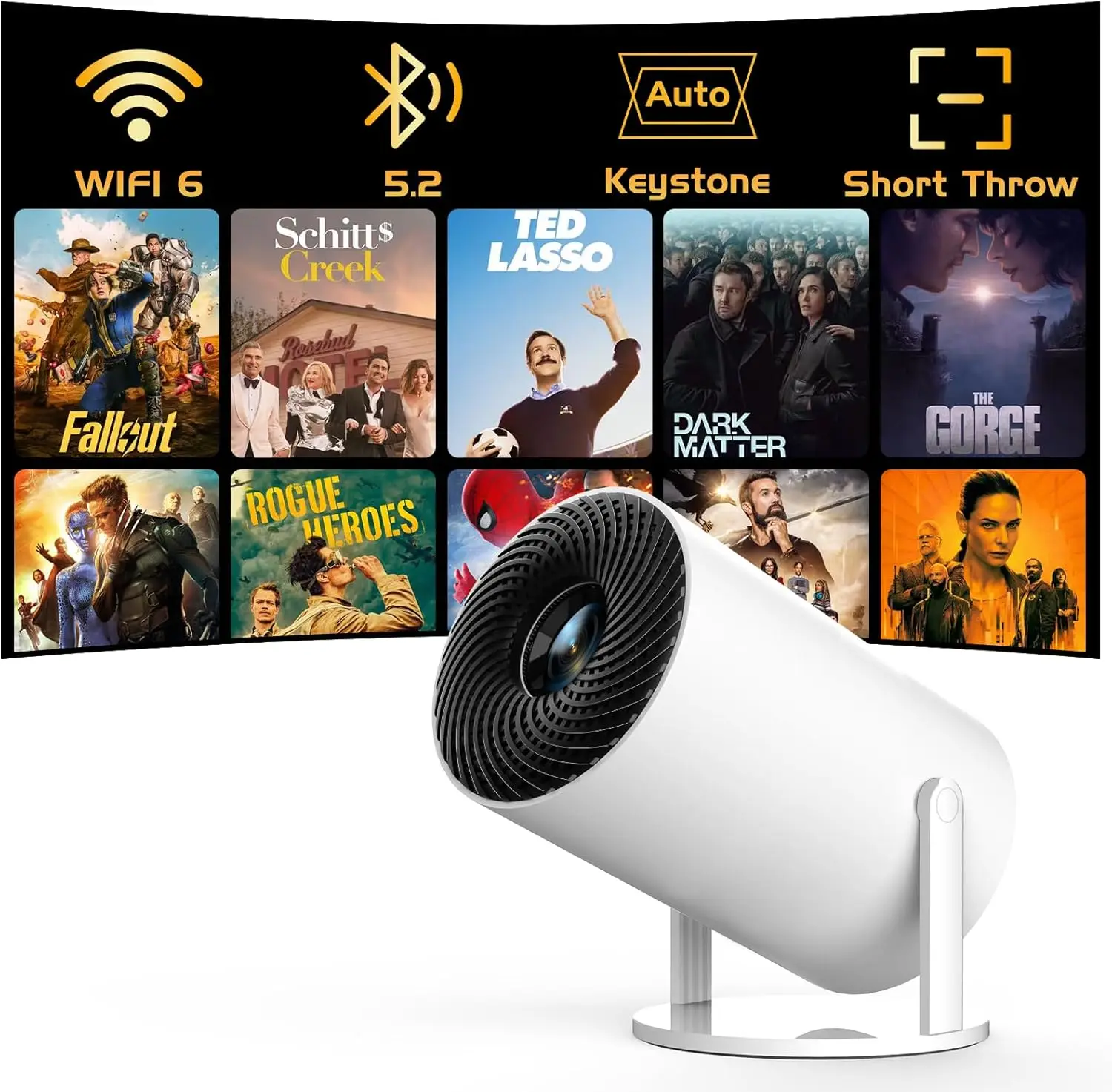 

Mini Projector with WiFi 6, Bluetooth, Auto Keystone, Short Throw for Outdoor Movies and Home Entertainment