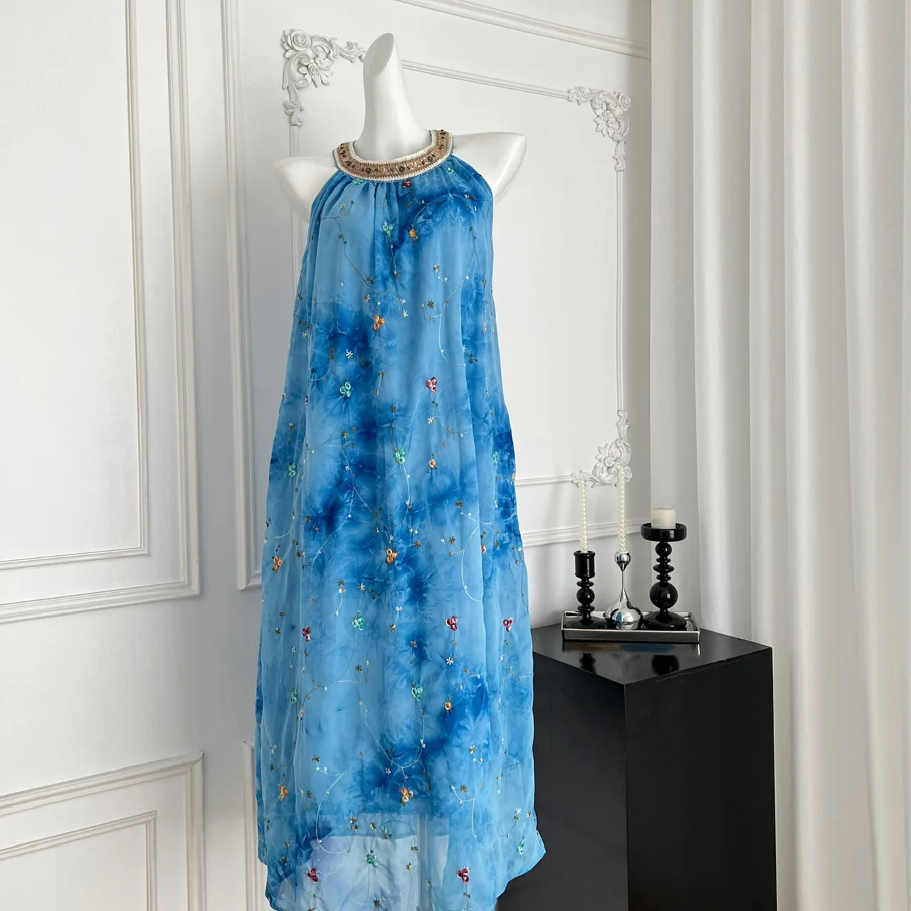 

French chic sleeveless halter tie dye loose fairycore dress women's summer waist A-line Beach dresses women clothing