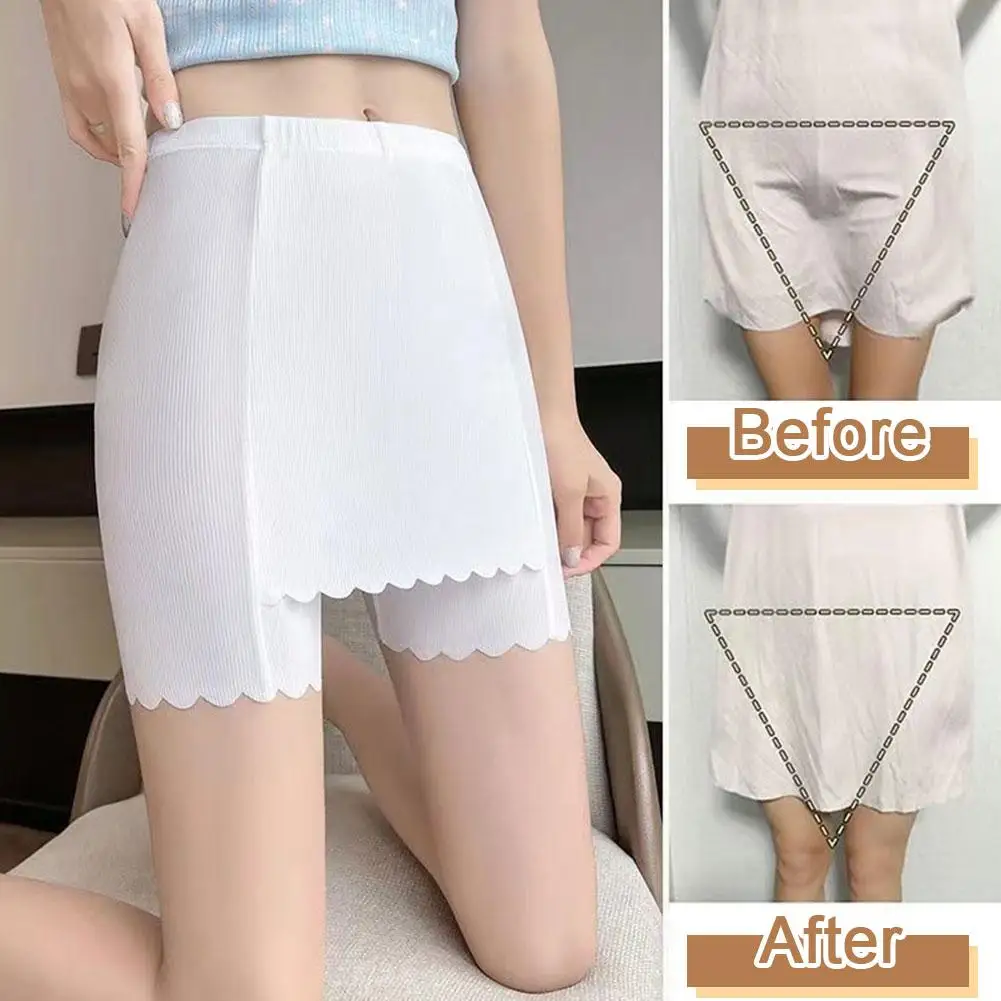 Double Layer Ice Silk Safety Pants Summer Women Invisible Under Skirt Shorts Front Crotch Anti-Chafing Underwear Shorts 2 Size