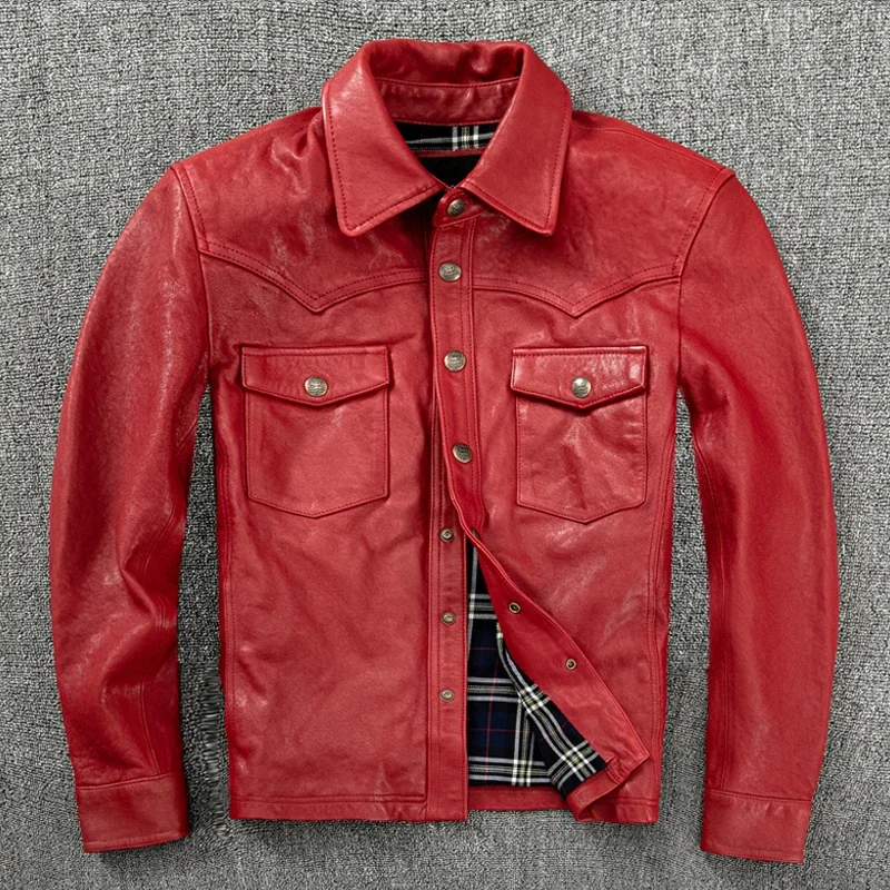 2025 New Fashion Kroean Style Mouton Jacket Men Red Sheepskin Genuine Leather Coat Male Slim Short Shirt Tanning Leather Jackets