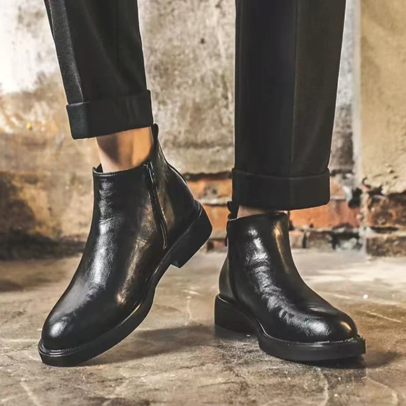 Leather Men's Chelsea Boots Winter Keep Warm Plush Ankle Boots for Men Side Zipper Male Casual Footwear All-match Business Botas