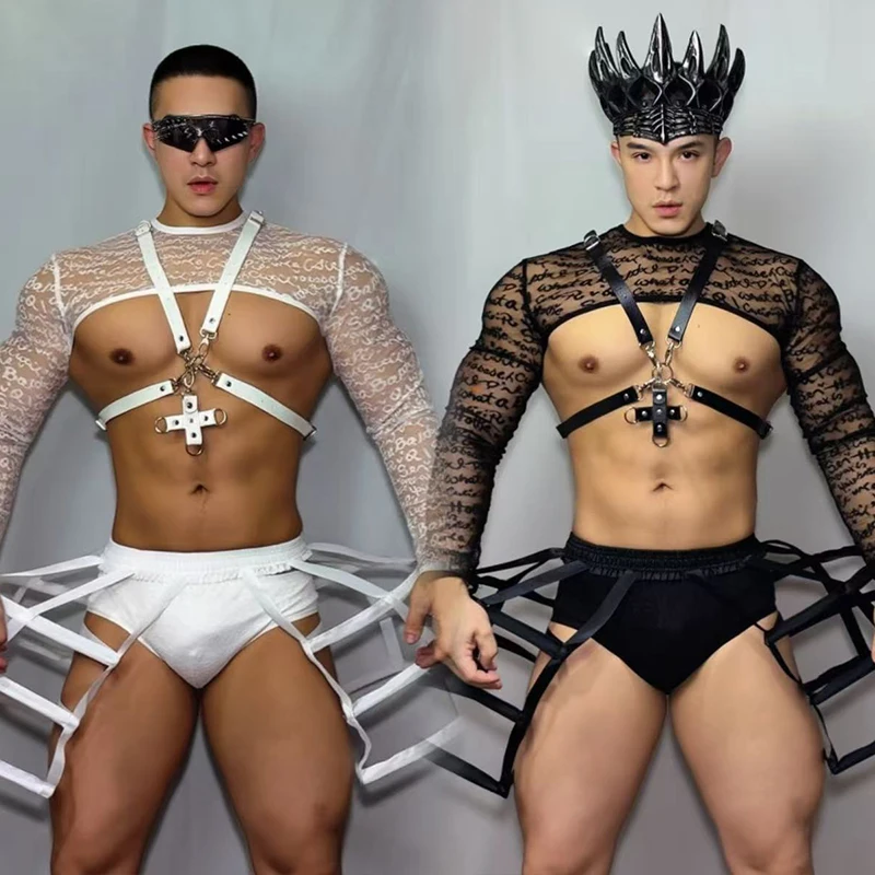 Male Gogo Dance Costume Sexy Black Mesh Top Man's Show Performance Clothes Drag Outfit Carnival Festival Party Rave Wear VDL5502