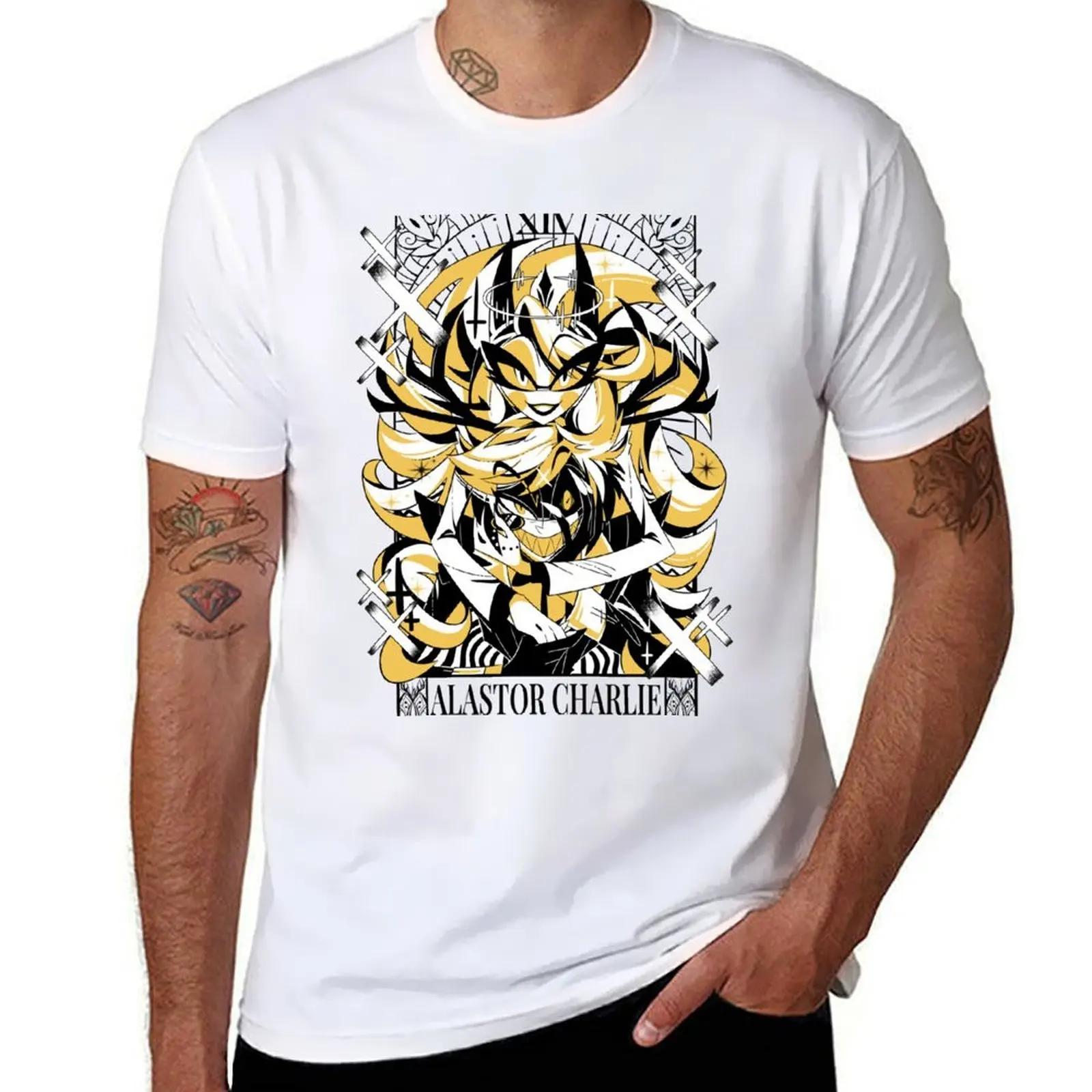 

Charlie + Alastor 2023 Tarot Card Inspired Halloween Collection Fanmerch WHITE Ver. T-Shirt Essential Solid Color T-Shirt