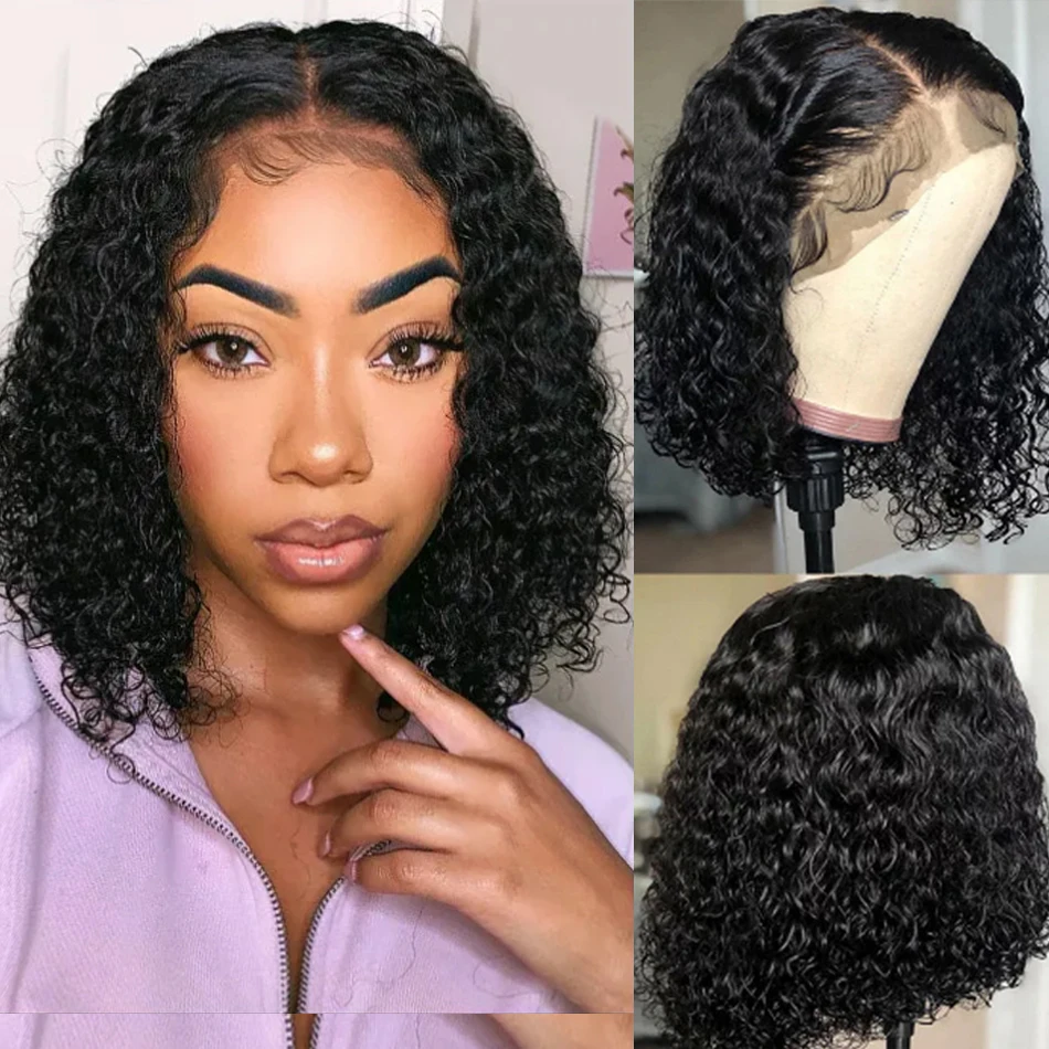 13x4 Kinky Curly Bob Wig Glueless Human Hair Lace Frontal Wigs 180% Wear and Go Wigs Water Wave Lace Closure Wig Cheap On Sale