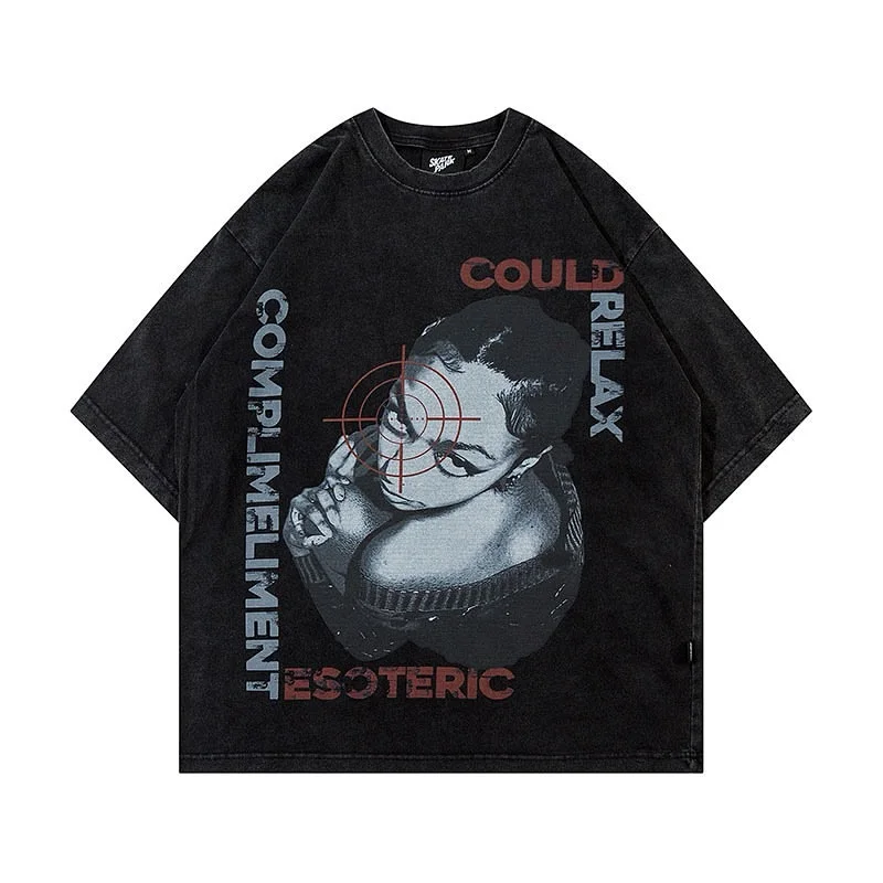 

Retro ins trendy women pattern printed short sleeved round neck oversized t shirt Gothic hip-hop personality couple top
