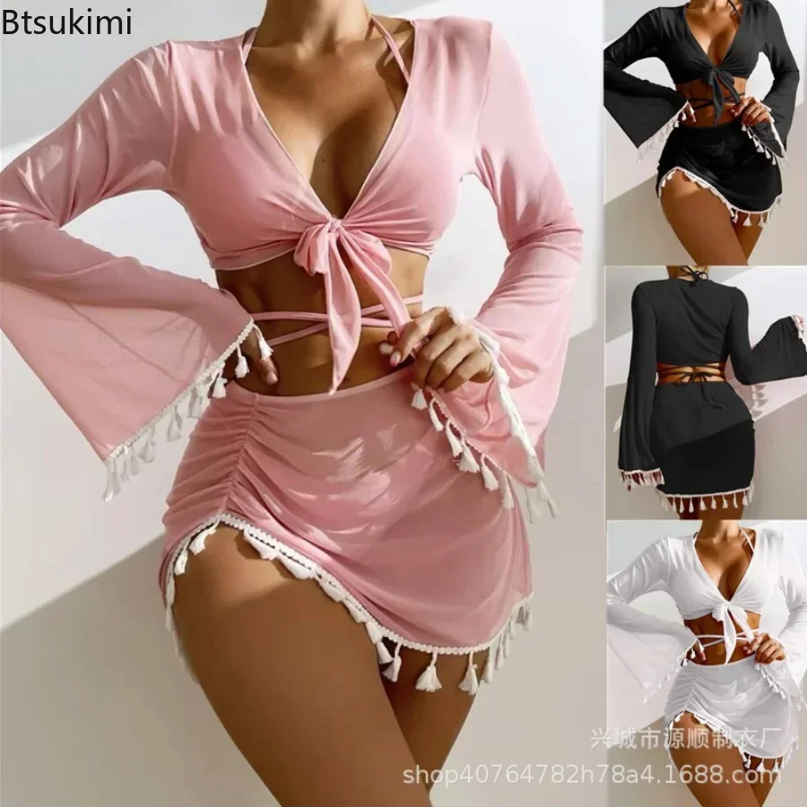 

2024 Women's Sexy 4 Piece Lace Up Bikinis Set Solid Swimsuit with Skirt Swimwear Female Push Up Bikini Beachwear Bathing Suit