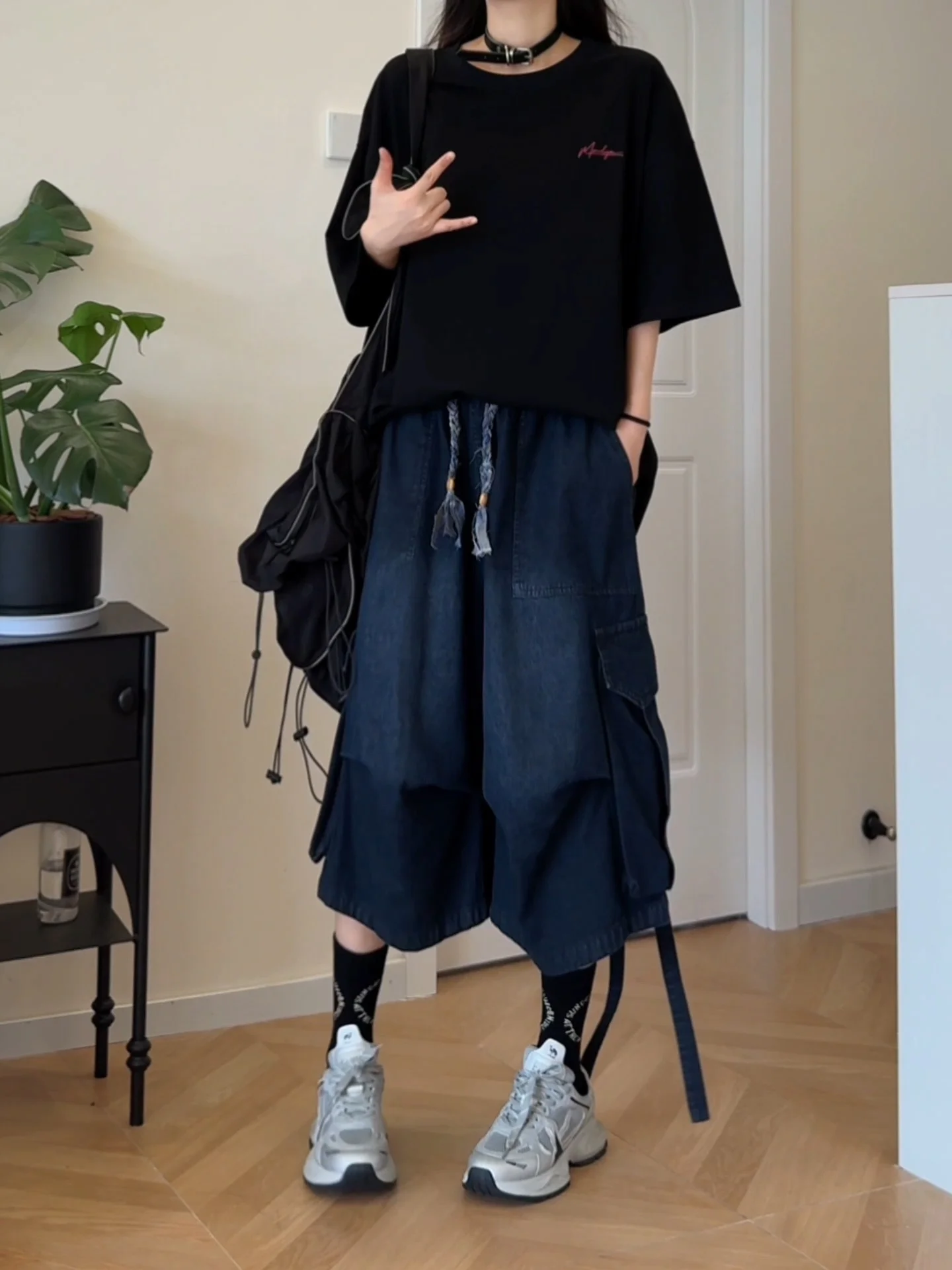 Loose Fit Bamboo Workwear Seven-Foot Pants Unisex Summer Pleated Draped Wide Leg Jeans American High Street Style Shorts