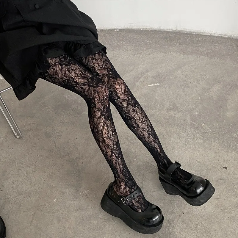 Women Lolita Lace Fishnet Stockings Sexy Red Black Nightclub Striped Pattern Stockings Pantyhose Fantasy Fancy Hollow Tights