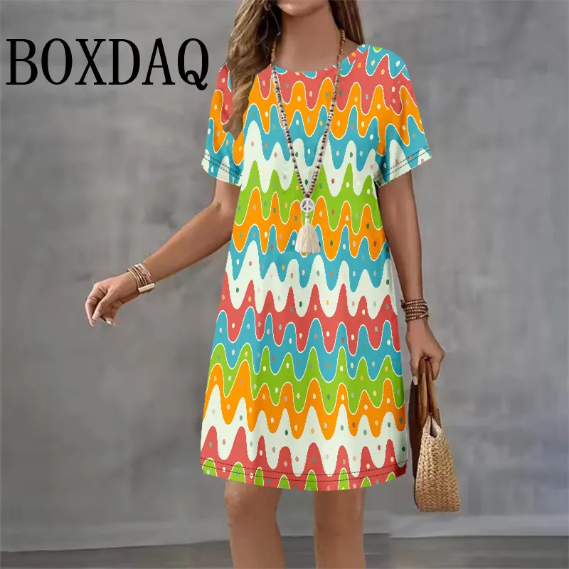 2025 ใหม่แฟชั่นรูปแบบฤดูร้อนชุดผู้หญิงสบายๆเสื้อยืดแขนสั้นหลวมสีสันลาย 3D พิมพ์