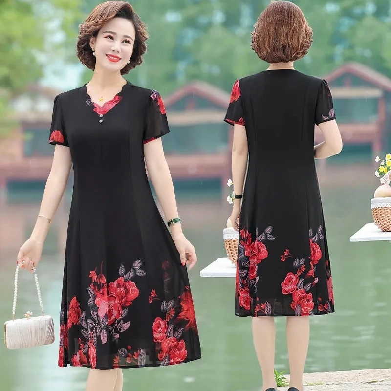 Middle Aged Elderly Mothers Chiffon Printing V-neck Dresses Middle Age Mom New Summer Attire Chiffon Printing V-neck Vestidos