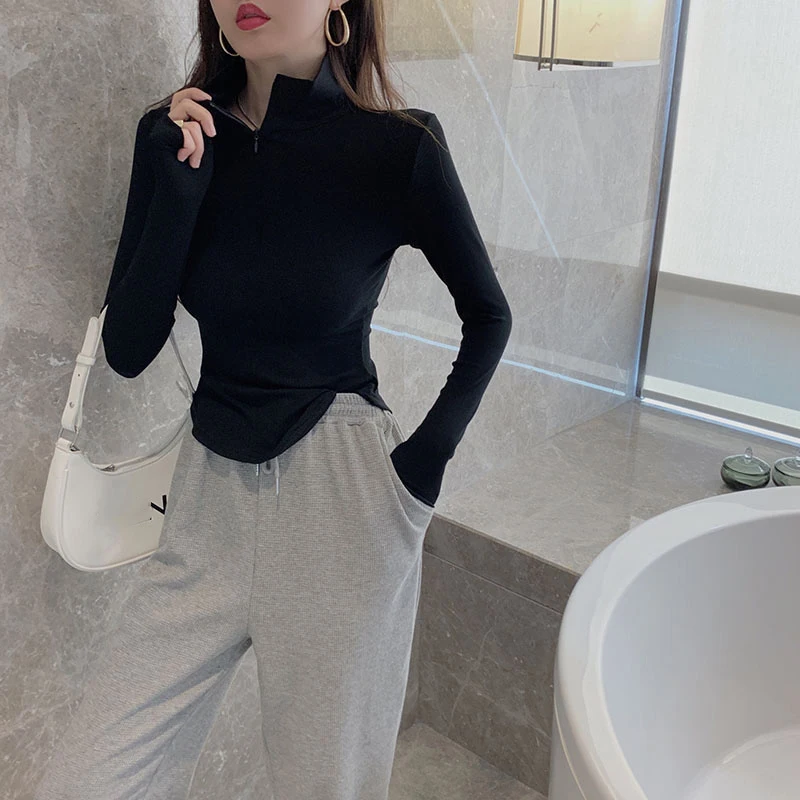 Camisas com zíper para mulheres, tops curtos brancos, gola sólida, minimalista, slim, designer kpop, moda básica, sexy, hotsweet, para mulheres