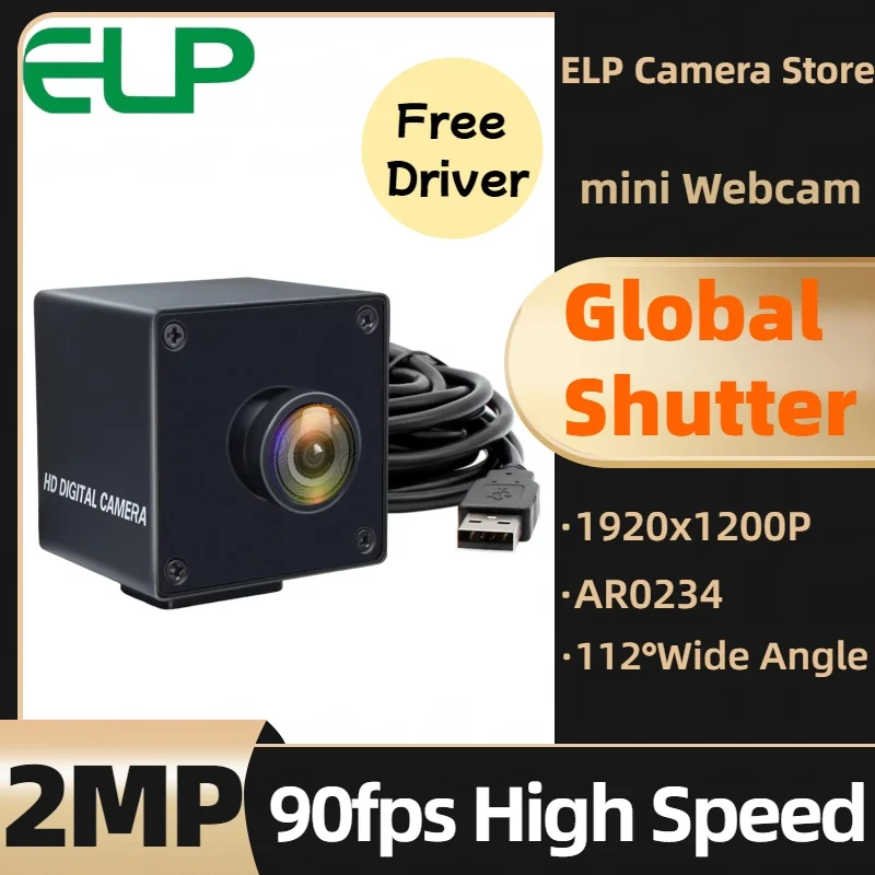 ELP Global Shutter USB Camera 1080P 90fps High Speed AR0234 Webcam Wide Angle No Distortion Industrial Webcam for 3D Printing