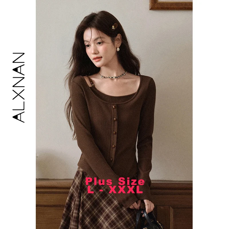

ALXNAN Plus Size Knitted Sweater Women 2025 Fall Brown Fake Two-piece Chic Beaded Sweaters Slim-fit Long Sleeve Pullovers D12728