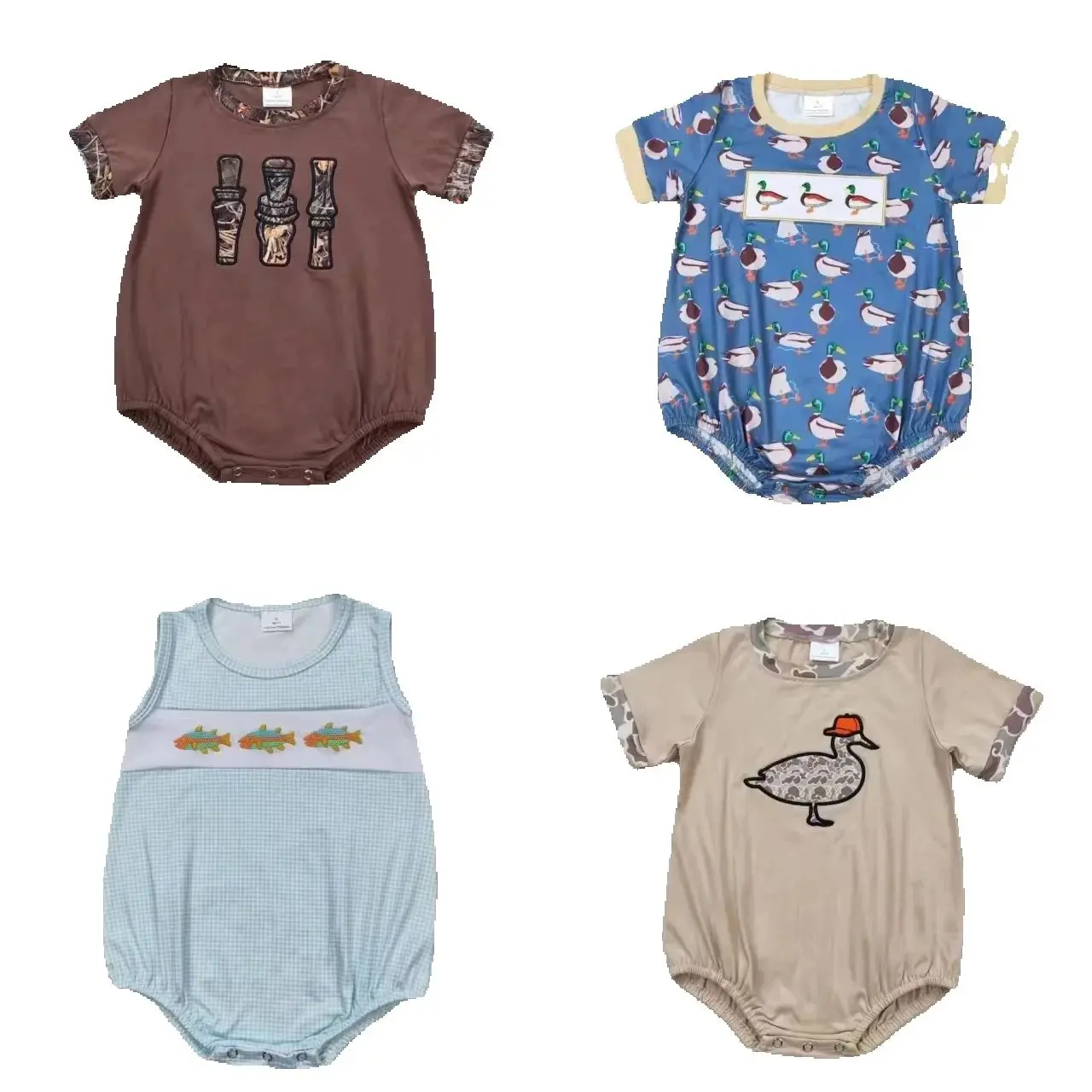 

Wholesale Newborn Duck Fishing Coverall Bodysuit Baby Boy Toddler Embroidery Romper Short Sleeves Kids Camo One-piece Jumpsuit