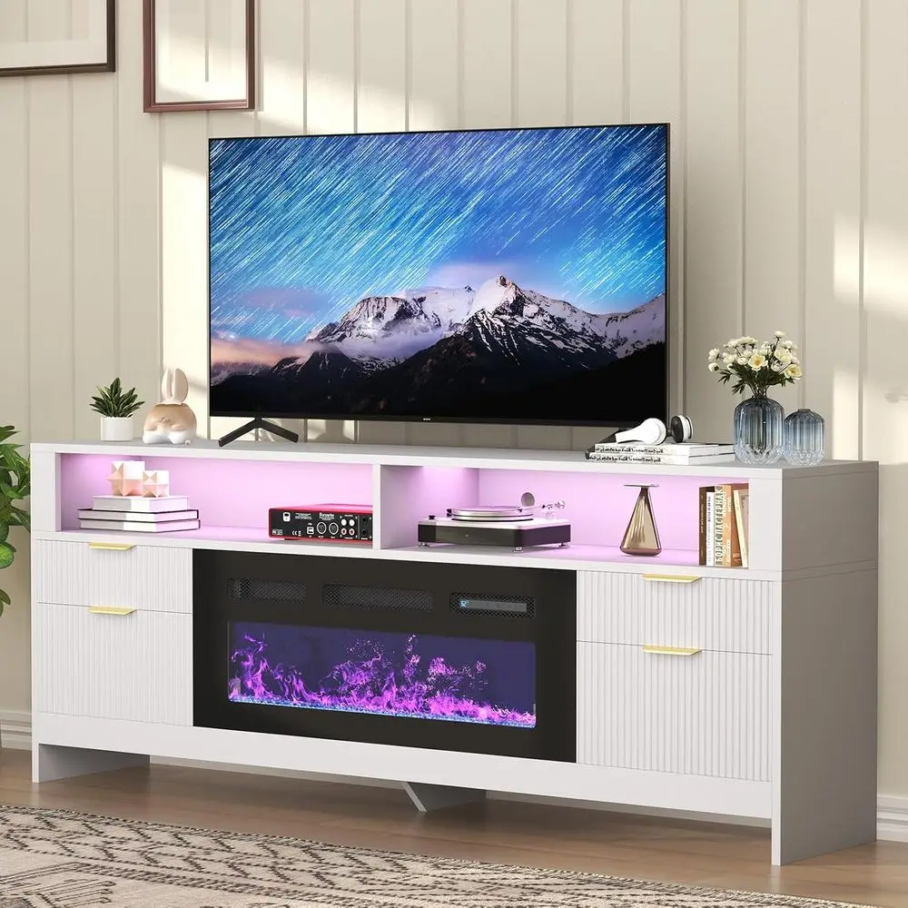 

36 to 80 TV Stand with LED Lights, Storage Cabinets for Living Room or Bedroom (White)
